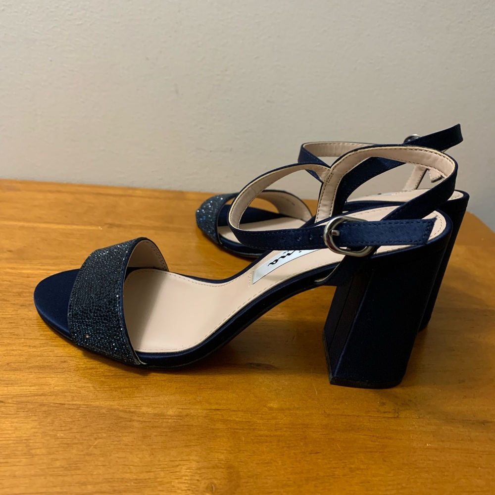 Nina Haven Rhinestone Ankle Strap Block Heel Sandals Navy Luster Satin Sz 5.5M - Picture 8 of 14